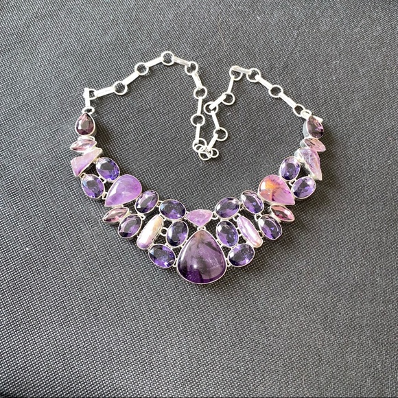 Charoite Necklace with Faceted Amethyst, Charoite and Biwa Pearl Bib Necklace - Picture 7 of 16